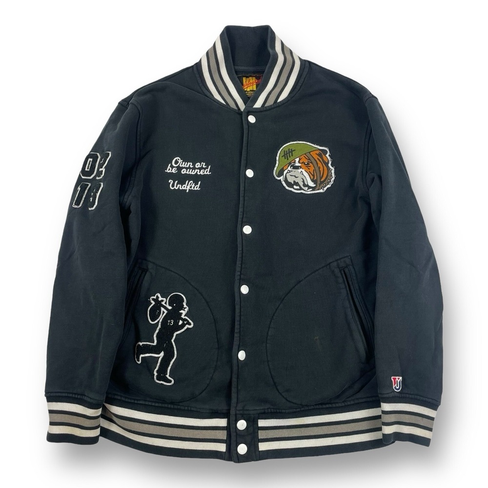 Undefeated 5 Strike Varsity Jacket Snap Button Cotton Black Men's L Bulldog